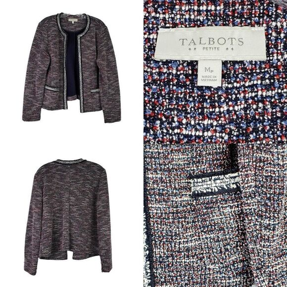 Talbots Jackets & Blazers - Talbots Blazer Women's Size Medium PM Red White Blue Tweed Fringe LS Open Crop